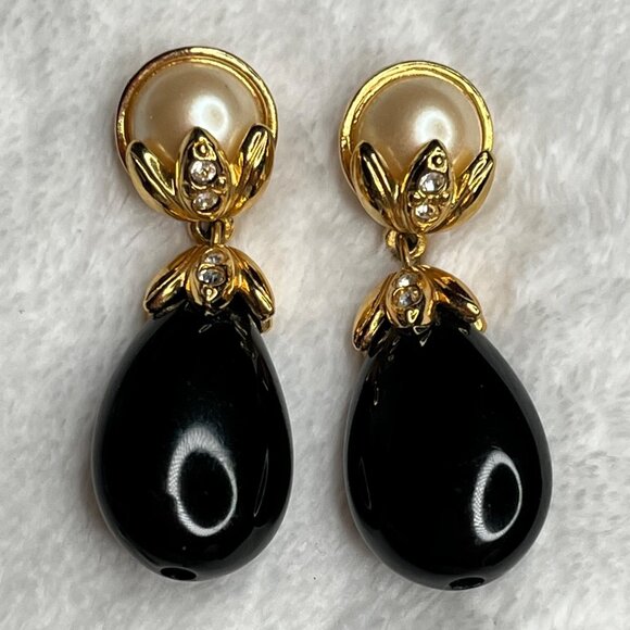 Jewelry - Vintage-Inspired Gold Tone Faux Pearl & Black Drop Earrings With Rhinestone Acce